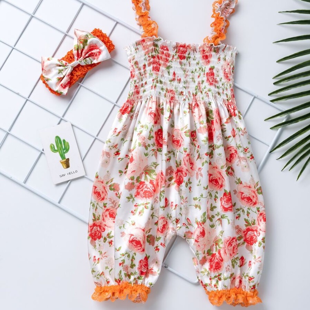 Orange Floral Baby Romper w/ matching headband
